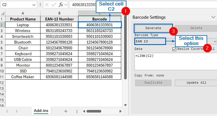 Use External Add-ins to Generate EAN-13 Barcode