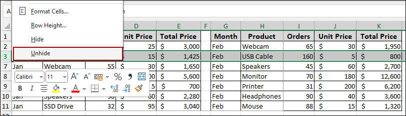 Hidden Rows in the Excel Sheet Before Embedding