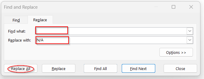 Apply Find and Replace to Insert Text in Empty Cells