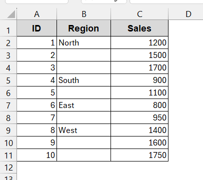 Bring Value from Cells Above to Fill Blanks in Excel