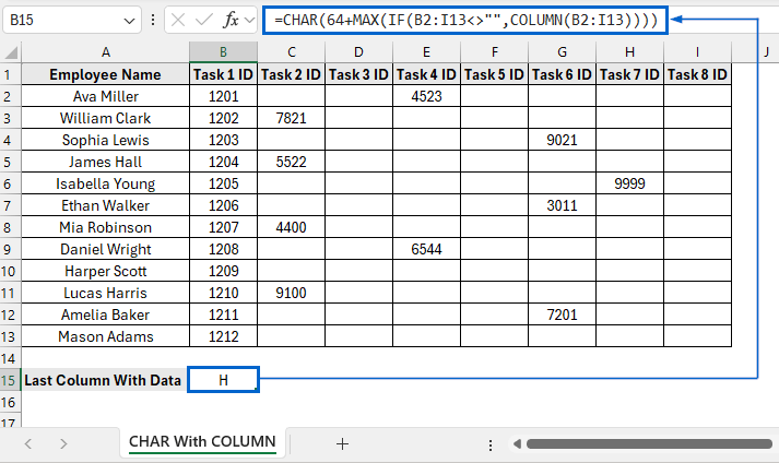 Return the Last Column With Data Through Character Code