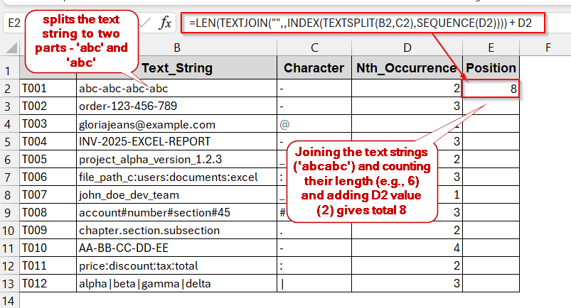 Using TEXTSPLIT and SEQUENCE Functions in Excel 365 for Finding Nth Occurrence