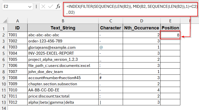 Track Character Occurrence of Nth Position with FILTER & SEQUENCE Functions
