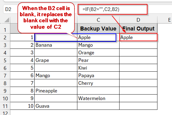 Using the IF Function to Copy from Another Cell When Blank