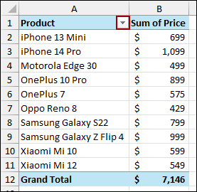 Using Filter Dropdown in Column Header