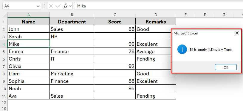 Using IsEmpty Function to Check If a Specific Cell Is Empty in VBA