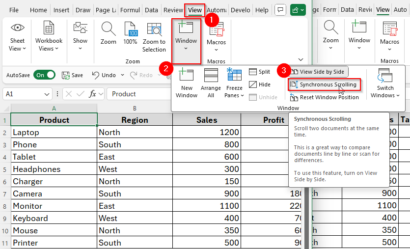 Synchronous Scrolling While Viewing Worksheets Side by Side