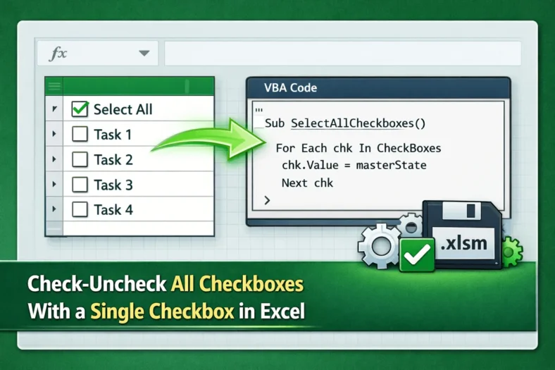featured image - check uncheck all checkboxes with a single checkbox excel​