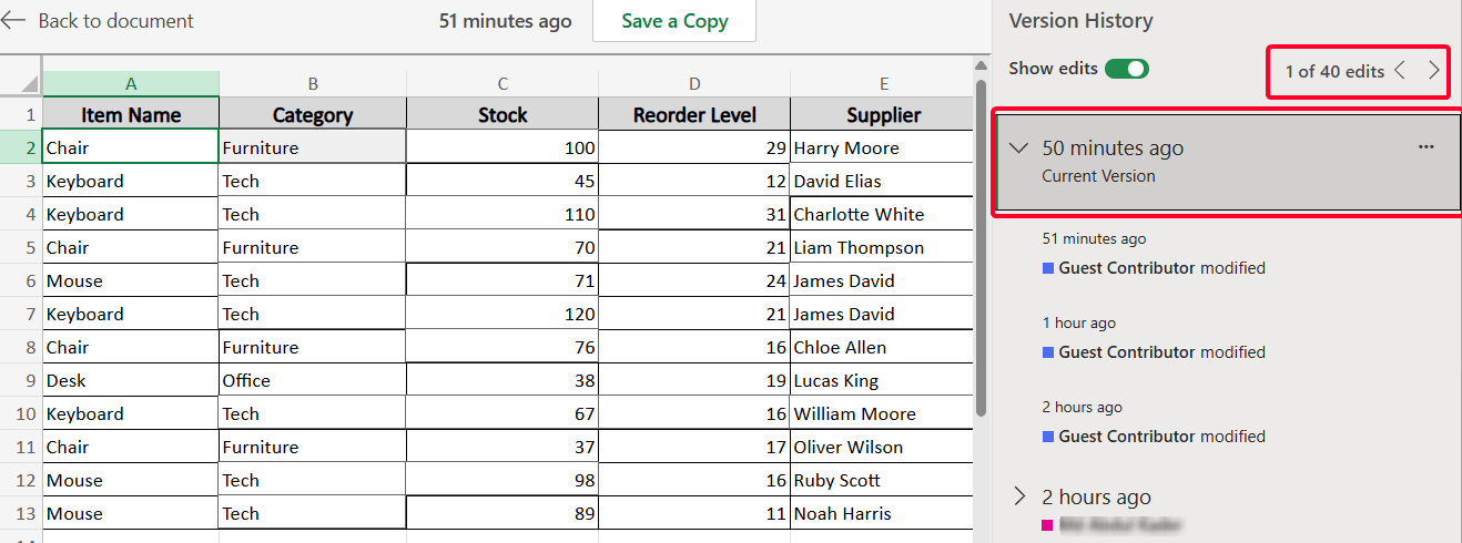 Apply the Version History Feature to Check Snapshot of All Edits