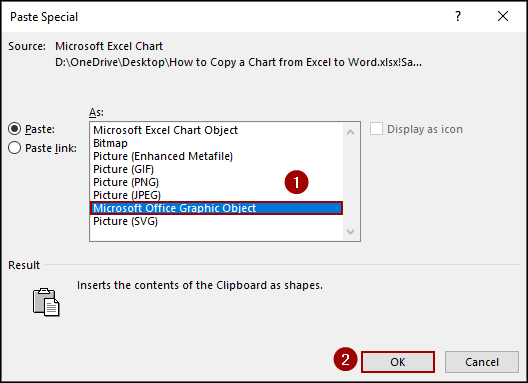 Applying Paste Special Tool to Copy a Chart from Excel to Word