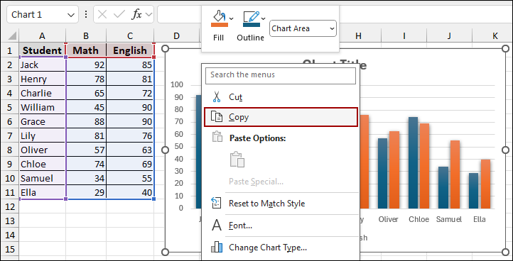 Using Paste Option to Copy a Chart from Excel to Word