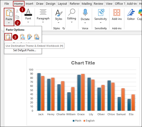 Using Paste Option to Copy a Chart from Excel to Word