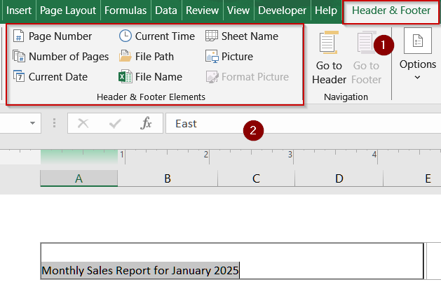 Creating a Footer Using Page Layout View from View Tab