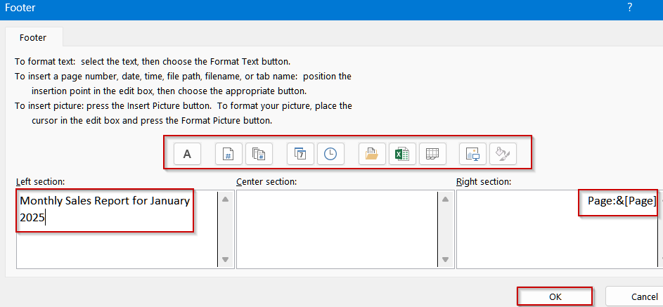 Customizing a Footer Using the Page Setup Dialog Box