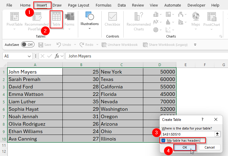 Creating Column Headers by Formatting as a Table