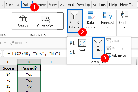 Use the Filter Tool to Highlight Yes and No