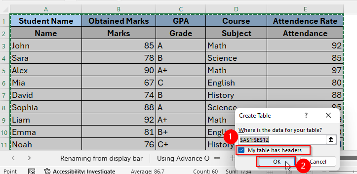 Renaming Column in an Excel Table 