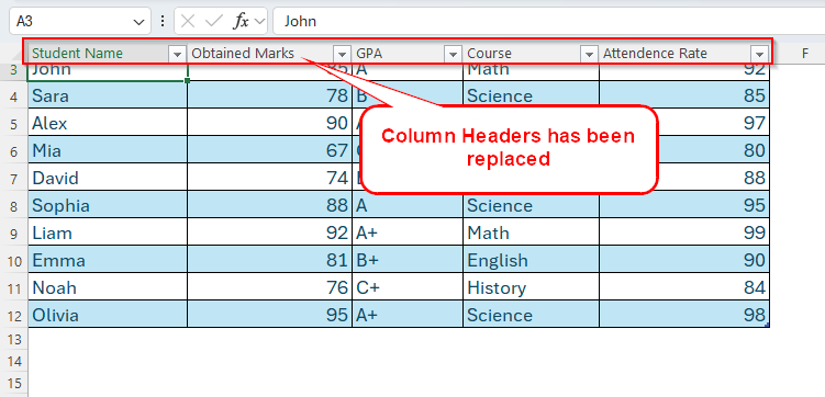Renaming Column in an Excel Table 
