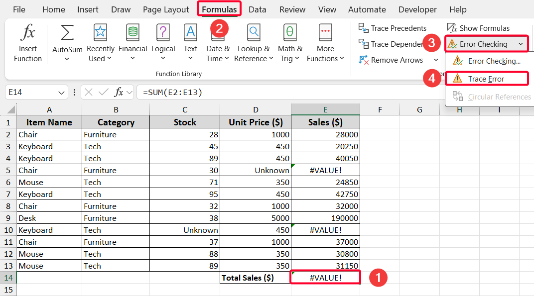Use the Formulas Tab to Trace Errors in Excel
