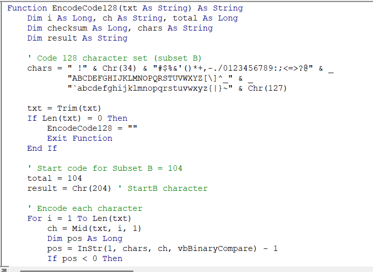Use VBA to Encode Code 128 Barcode Font