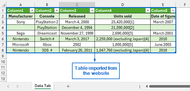 Import Table Using the Data Tab