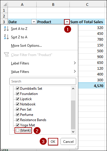 Removing Blanks from Pivot Table Using Filter Tool
