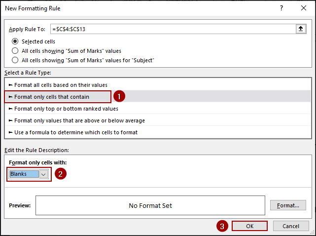 Adding New Rule to Remove Conditional Formatting from Blank Cells