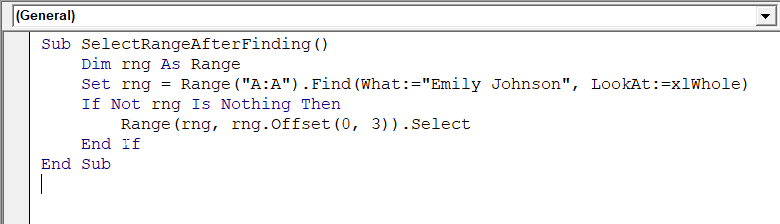 Select a Range after Finding a Cell Value with Find
