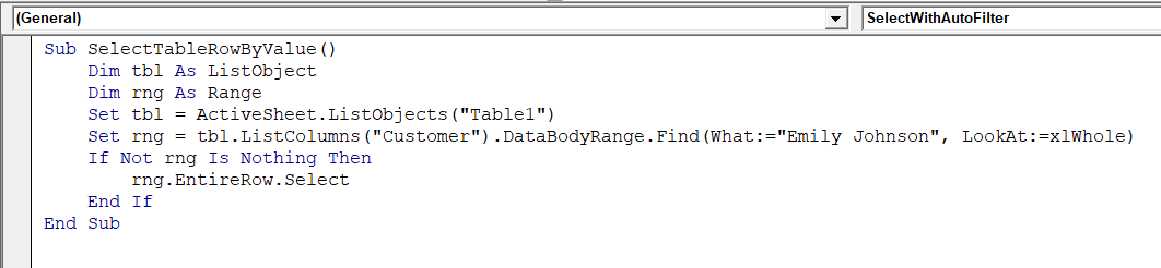Select a Range in an Excel Table (ListObject) by Cell Value