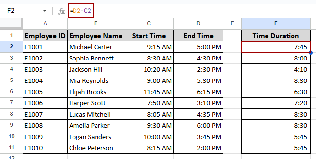 Determining Time Difference in Google Sheets