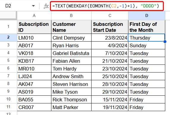 Google Sheets Find First Day of Month