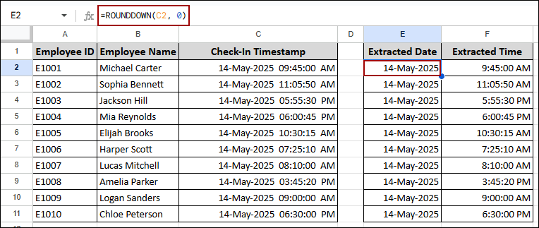 Extracting Date and Time Using ROUNDDOWN Function
