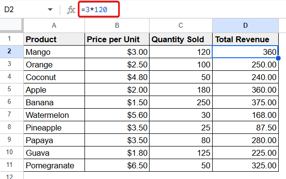 How to Multiply Numbers Directly in Google Sheets