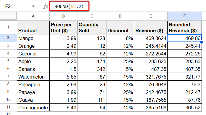 Google Sheets Round to 2 Decimal Places