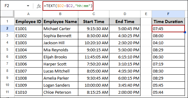 Determining Time Difference in Google Sheets