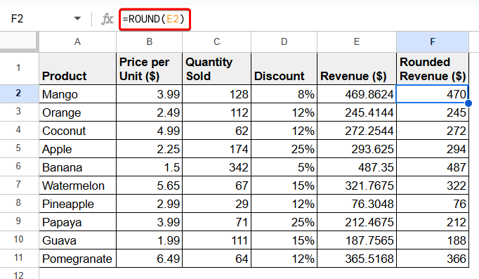Google Sheets Round to Nearest Whole Number