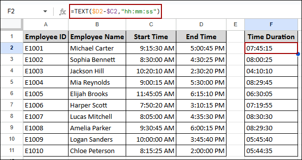 Determining Time Difference in Google Sheets