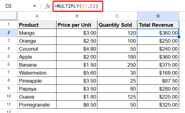 How to Use the Multiplication Functions to Multiply in Google Sheets