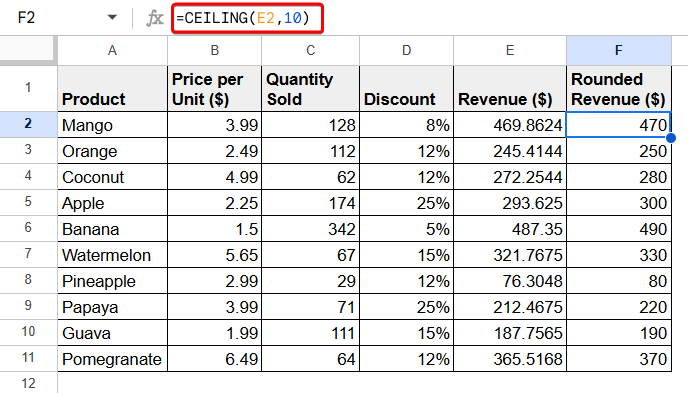 Google Sheets Round Up to Nearest 10