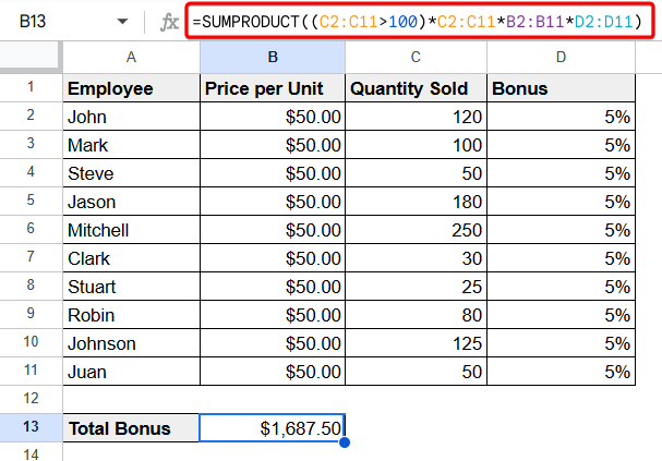 How to Perform Conditional Multiplication in Google Sheets?