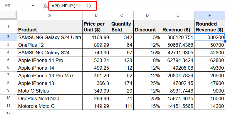 Google Sheets Round Up to Nearest 100