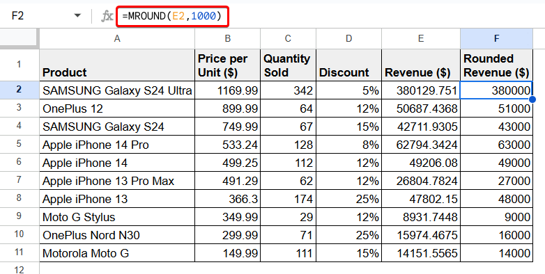Google Sheets Round to Nearest 1000