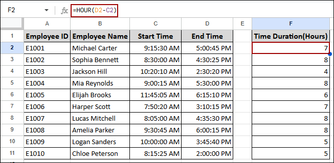 Determining Time Difference in Google Sheets
