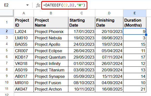 Google Sheets Count Months Between Two Dates