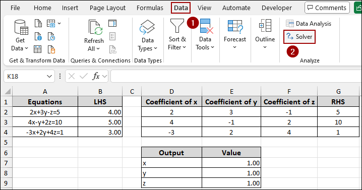 Using Solver to Find the Equation Values of X, Y, and Z