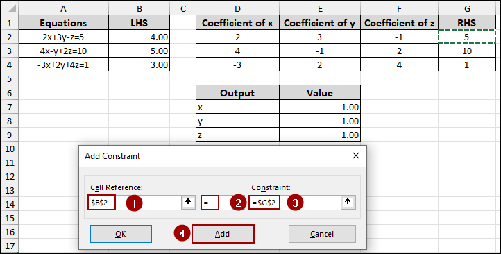 Using Solver to Find the Equation Values of X, Y, and Z