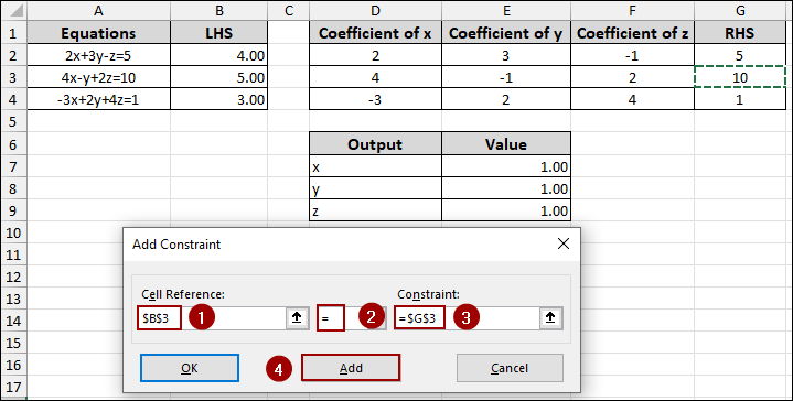 Using Solver to Find the Equation Values of X, Y, and Z