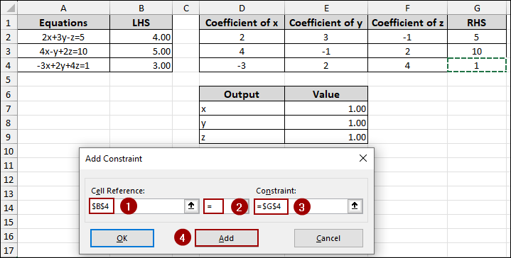 Using Solver to Find the Equation Values of X, Y, and Z