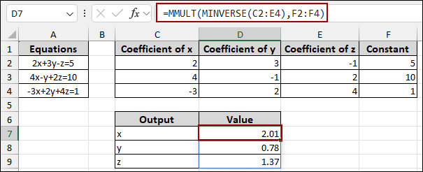 Solving Linear Equations Using MINVERSE and MMULT Functions in Excel