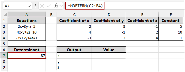 Applying Cramer’s Rule to Solve 3 Equations in Excel